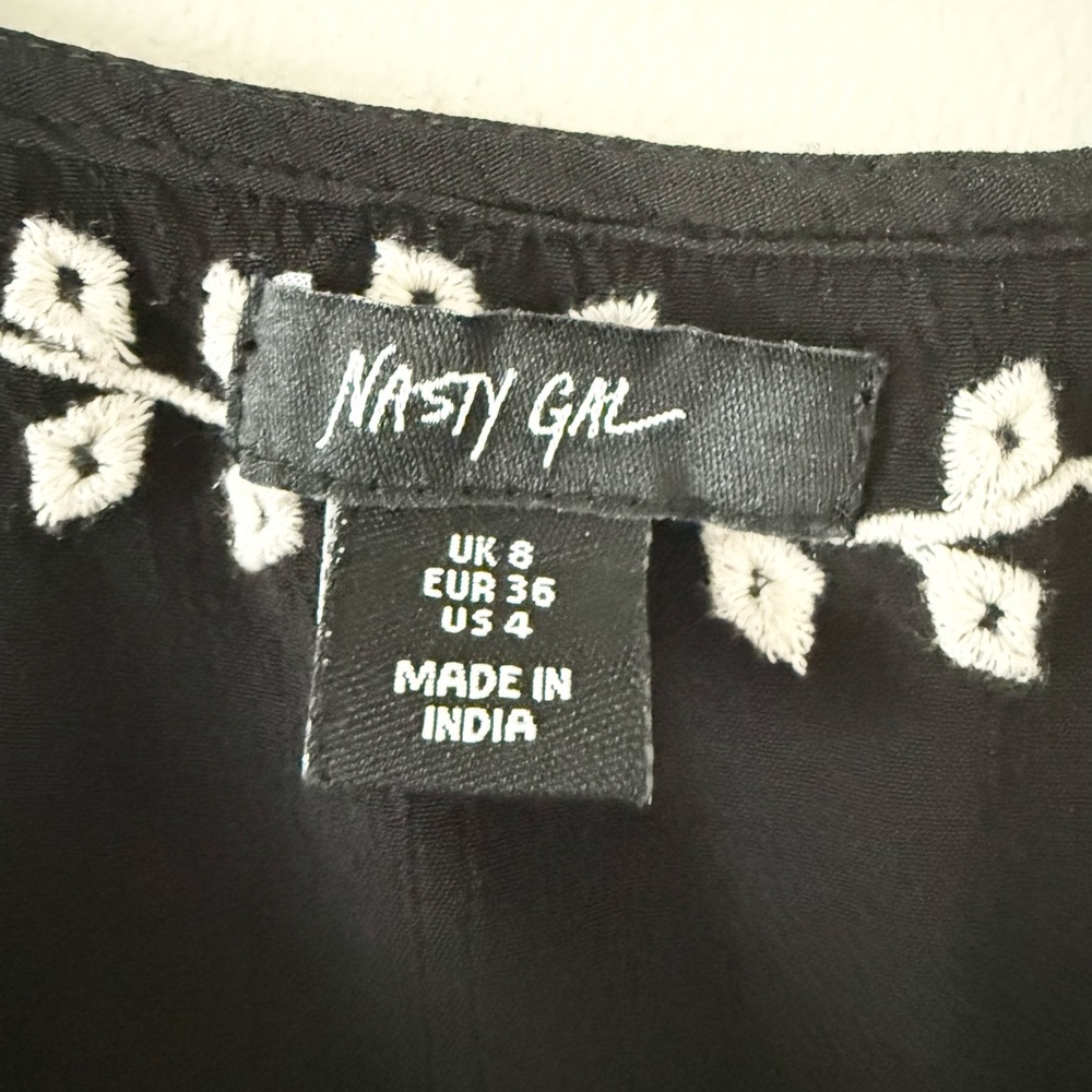 Nasty Gal Black Mini Dress with White Floral Embroidery & Fringe - Picture 4 of 6